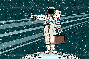 Hitchhiker astronaut with travel suitcase - vector image