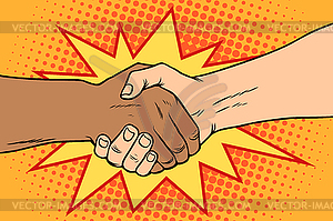 Handshake black and white, African and Caucasian - vector clipart