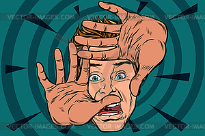 Frightened man is protected by hands - vector clipart