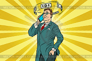 Бизнесмен говорить по телефону о финансах - изображение в векторе
