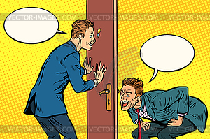 Two men spy each other through door - vector image