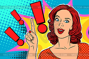 Exclamation point and happy pop art woman - vector clipart