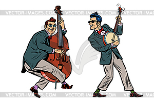 Rockabilly jazz musicians, double bass and banjo - vector clip art