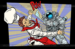 Space food. Astronaut fight with chef - stock vector clipart