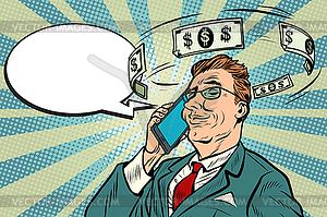 Businessman talking on phone about money - stock vector clipart