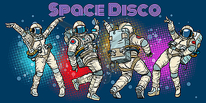 Disco party astronauts dancing men and women - vector clipart