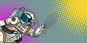 Mocap male astronaut shows hand on copy space - vector clip art