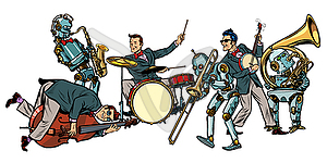 Futuristic jazz orchestra of humans and robots - vector clipart