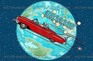 Astronaut in an electric car over planet Earth - vector clipart