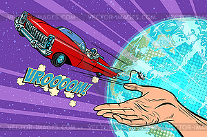 Humanity launches into space car - vector image