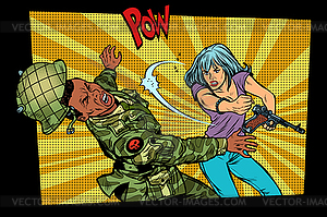 Woman vs man. Civil beats invader military soldier - vector clip art