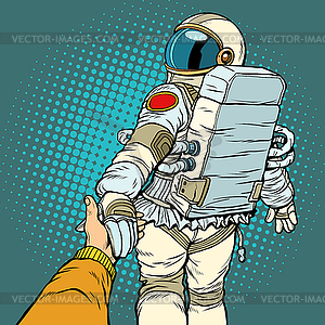 Astronaut space travel follow me concept, couple - vector clipart