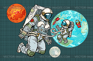 Astronaut mother and child on planet Earth. Humanit - vector clip art