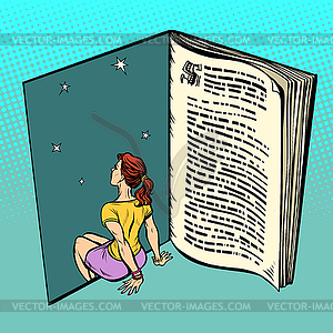 Beautiful woman reading book and dreaming - vector clip art