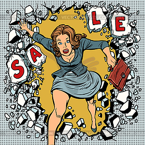 Woman runs for sales, breaking wall - vector clipart