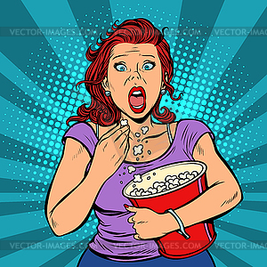 Woman watching scary movie and eating popcorn - vector image