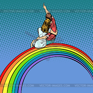 Loving couple man and woman sitting on rainbow, - vector clip art