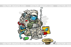 Crowdfunding concept. poor homeless astronaut asks - vector image