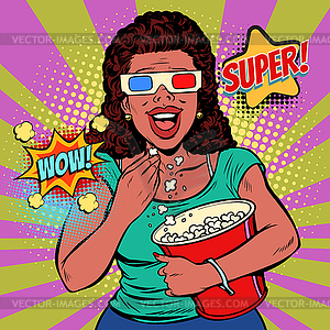 Woman in 3D glasses watching movie, smiling and - royalty-free vector image