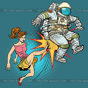 Woman kicks an astronaut family quarrel - vector image