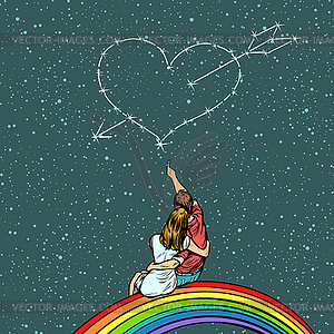 Heart pierced by an arrow over couple in love - vector clipart