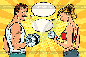 Man and woman with dumbbells, comic strip dialogue - vector image