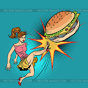 Woman kicks Burger, fastfood and healthy food - stock vector clipart