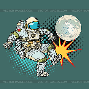 Astronaut plays football with Moon - vector clipart