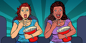 Two women react differently to movie. laughs and - vector image