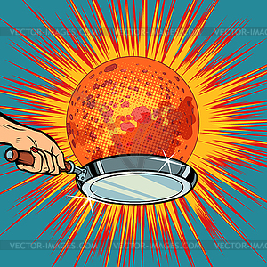 People with frying pan fry planet Mars - color vector clipart