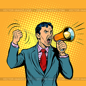 Businessman with megaphone pop art style - vector clip art