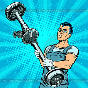 Male car mechanic and rear axle vehicle - vector clip art