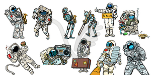 Set collection astronauts and robots - royalty-free vector image