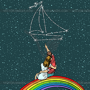 Couple man and woman dream of yacht cruise - vector clip art