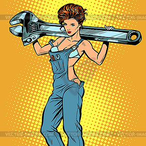 Sexy woman in work overalls with wrench - vector clip art