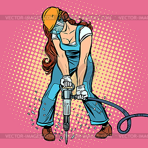 Woman road worker jackhammer - vector clipart