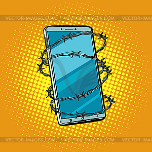 Barbed wire and telephone. concept of freedom onlin - vector clip art