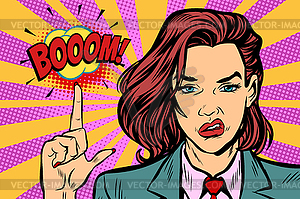 Boom. Strong woman index finger up - vector image