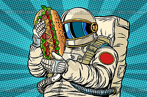 Astronaut with hot dog, street fast food - vector image