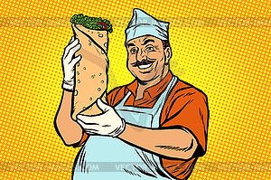 Smiling Oriental street food chef. Kebab Shawarma - vector EPS clipart