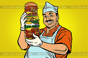 Smiling Oriental street food chef. big Burger - vector clipart