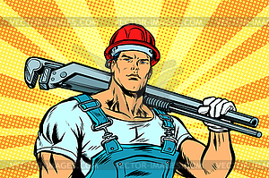 Working with wrench, locksmith - vector image