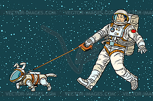 Astronaut walking dog in space suit - vector image