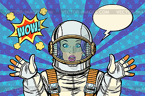 Wow pop art woman astronaut - vector image