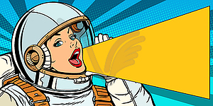 Female astronaut is calling for sale - vector image