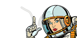 Astronaut woman pointing finger up, isolate - vector clip art