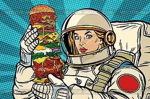 Hungry woman astronaut with giant Burger - color vector clipart