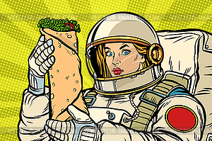 Hungry woman astronaut with Shawarma kebab - vector image