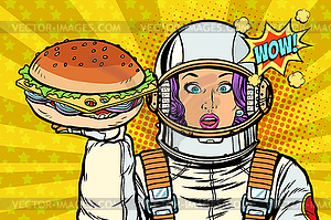Голодная женщина-астронавт с бургером - изображение векторного клипарта