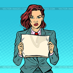 Protester woman, blank Board, serious face - vector image